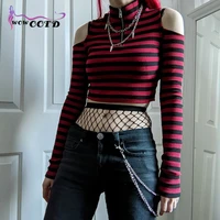 wowootd goth punk red stripe zipper t shirt y2k harajuku sexy off shoulder long sleeve bodycon crop tops gothic women knit