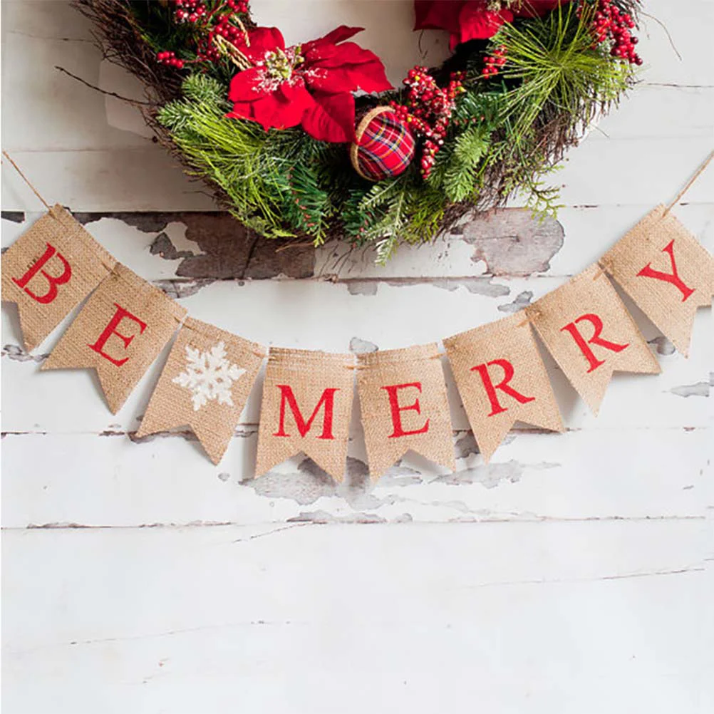 

1pc Christmas Banner Hanging Burlap Decorative Swallow-tailed Bunting Banner for Window Wall
