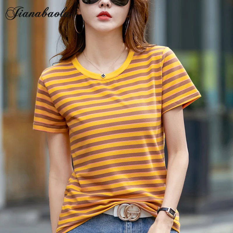 

T-Shirt Women Summer Vintage Stitching Striped Soft Cotton Simple Tops Slim Slim Casual Short Sleeved O Neck Tee Shirt Female