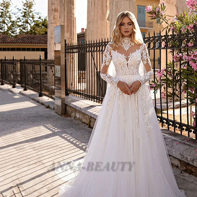 

Anna Beauty Wedding Dress Beach O-Neck Long Sleeve Appliques A-Line Formal Bridal Grown Tulle Vestido De Novia Custom Made