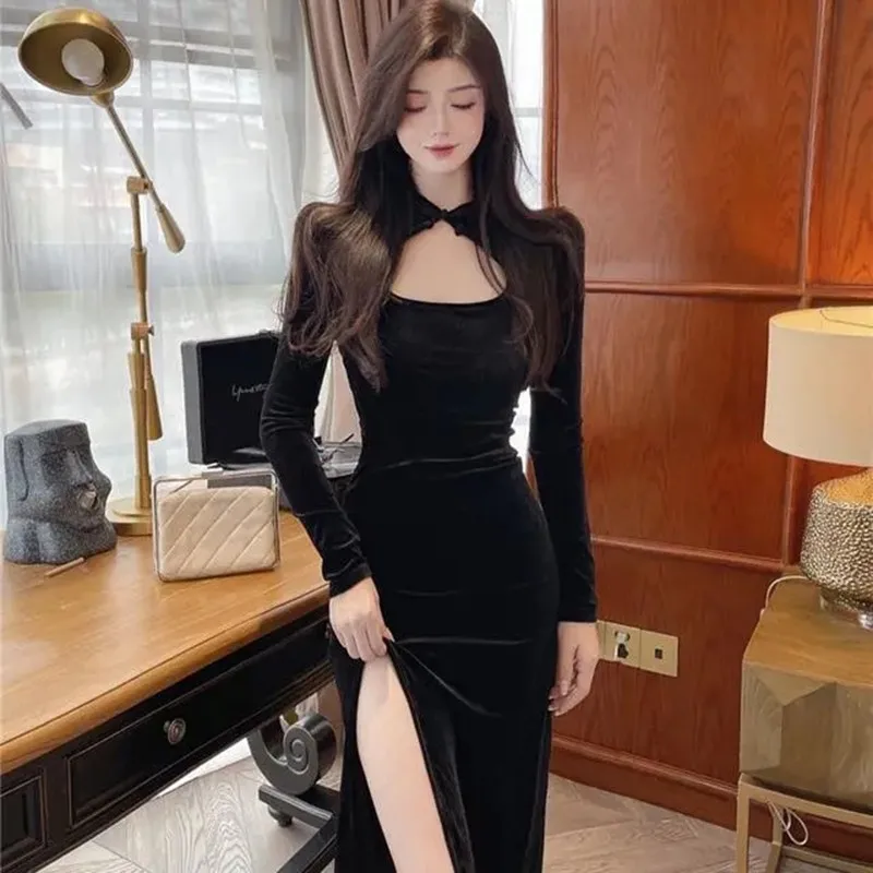 

French New Velour Cheongsam Women Slim Solid Color Hollow Improve Qipao Elegant Evening Party Dress Long Sleeve Fashion Dress