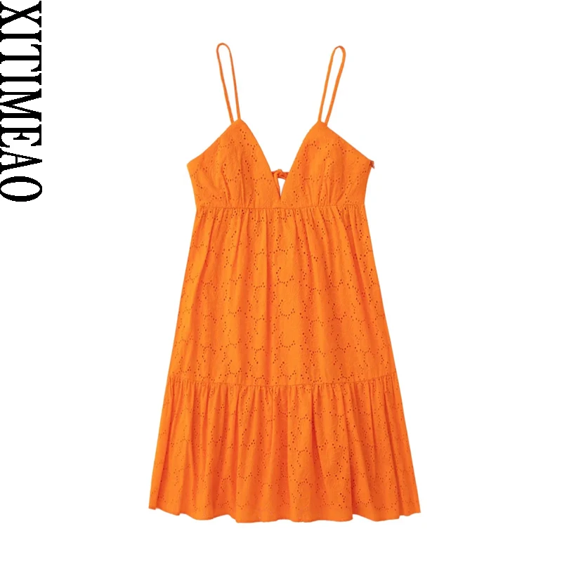 

Xitimeao Women Fashion With Tied Cutwork Embroidery Mini Dress Vintage Backless Side Zipper Thin Straps Female Dresses Vestidos