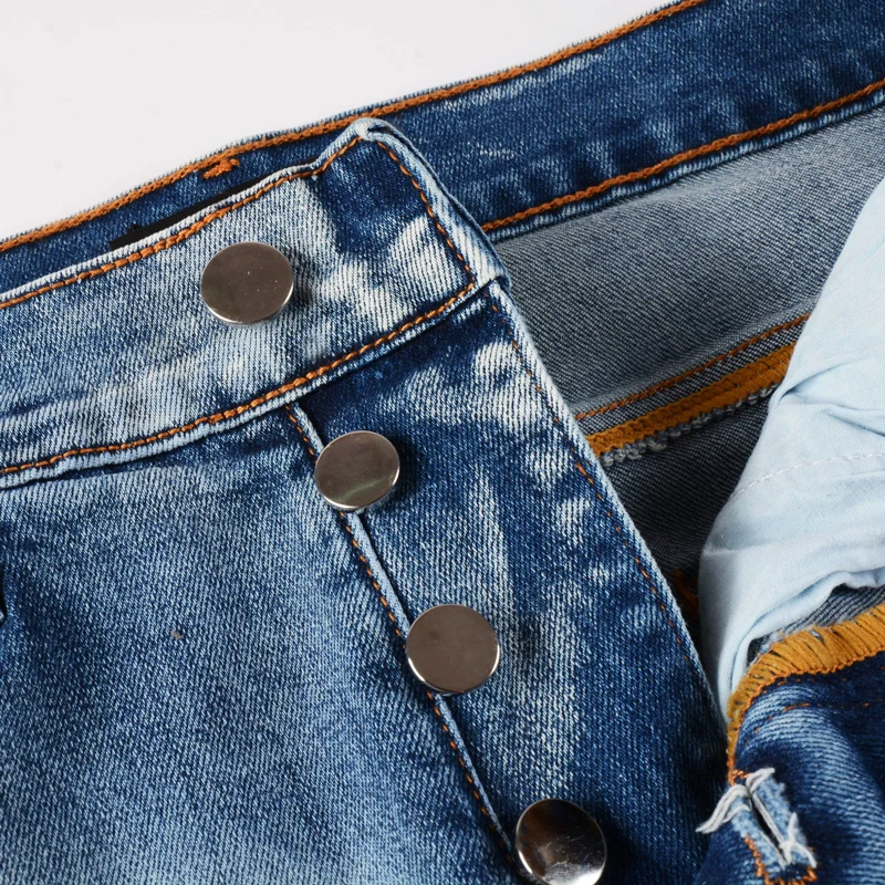 High Street Fashion Men Jeans Retro Light Blue Stretch Skinny Fit Ripped Jeans Men Leather Patched Designer Hip Hop Brand Pants