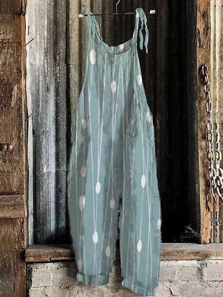 Женский свободный комбинезон без рукавов с квадратным вырезом и принтом листьев