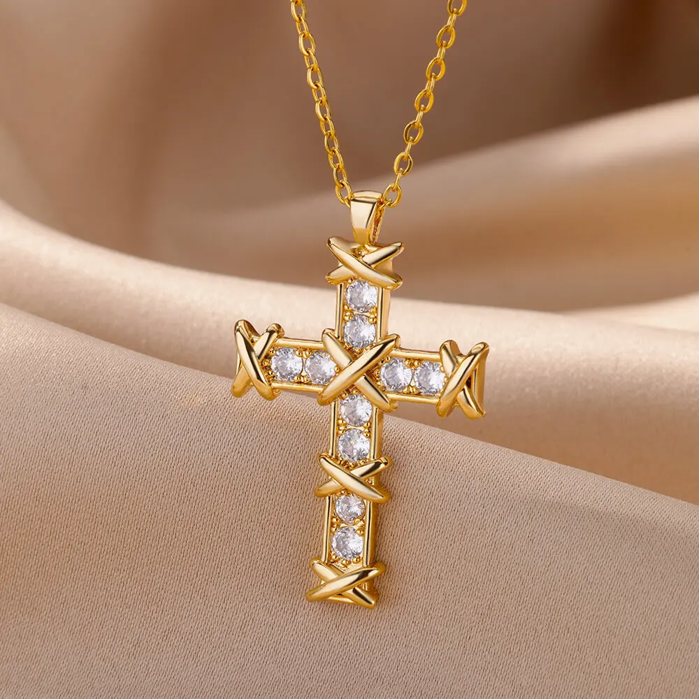 

Zircon Stone Cross Necklace for Women Men Stainless Steel Link Chain Necklaces Vintage Religious Style Aesthetic Jewerly collar