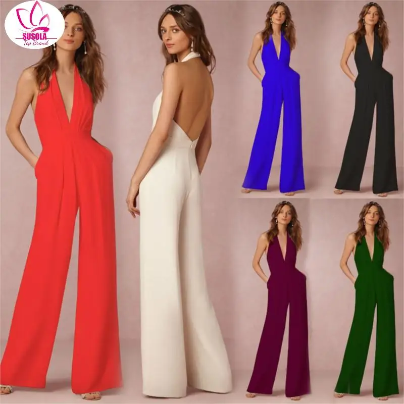 

SUSOLA Trend Women's Jumpsuits Summer Casual Solid Sleeveless V-Neck Slim Linen Lace Up Long Jumpsuit