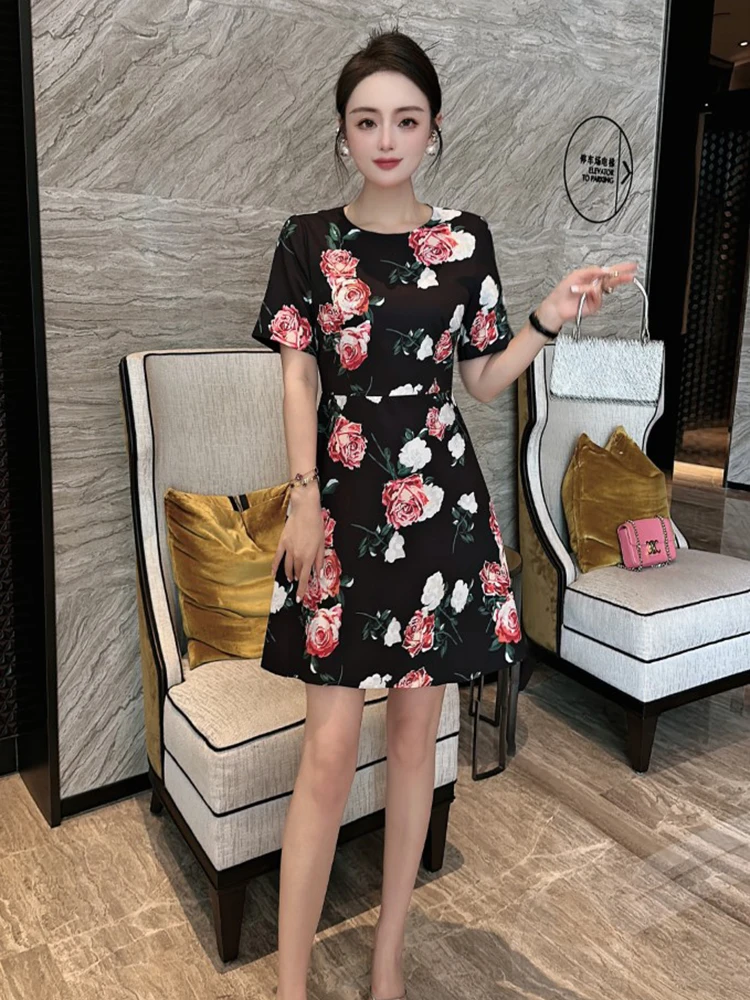 

Elegant Designer Floral Print Summer Dresses for Women 2023 Short Sleeve Retro Fashion Casual Holiday Robe Femme Black