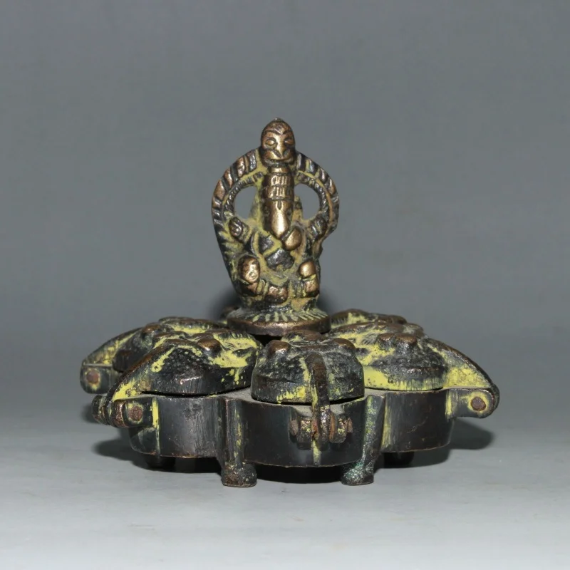 

3.54" Tibetan Buddhist Pure Copper Handmade Elephant Head God Buddha Statue Boxes