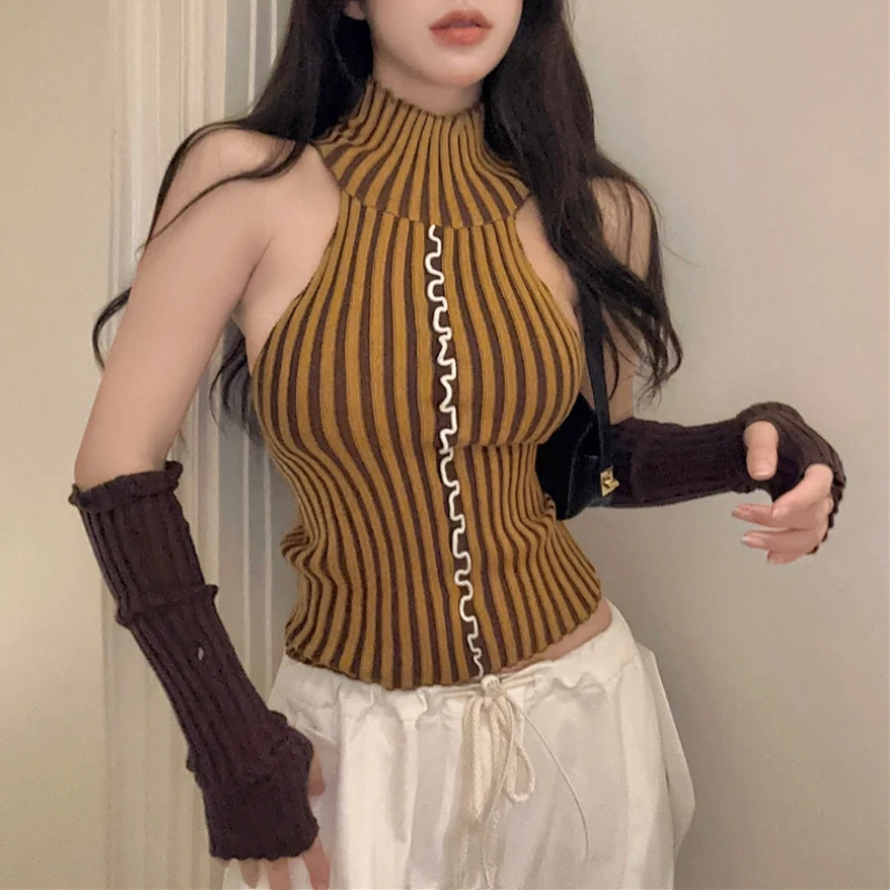 

2022 Winter for Women Korean Style Retro Strip Patchwork Warm Soft Cashmere Sweater Removable Sleeves Slim Knit Pullover Tops