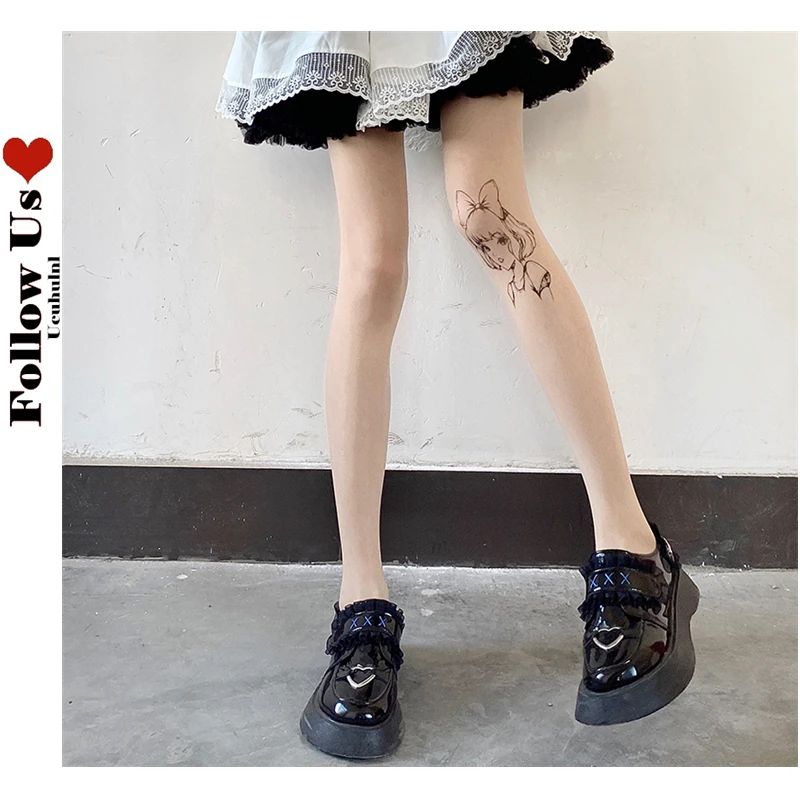 

Japanese Harajuku Tattoo Stockings Female Lolita Punk High Waist Leggings Sheer Pantyhose Sexy Cartoon Girl Club Outfit Tights