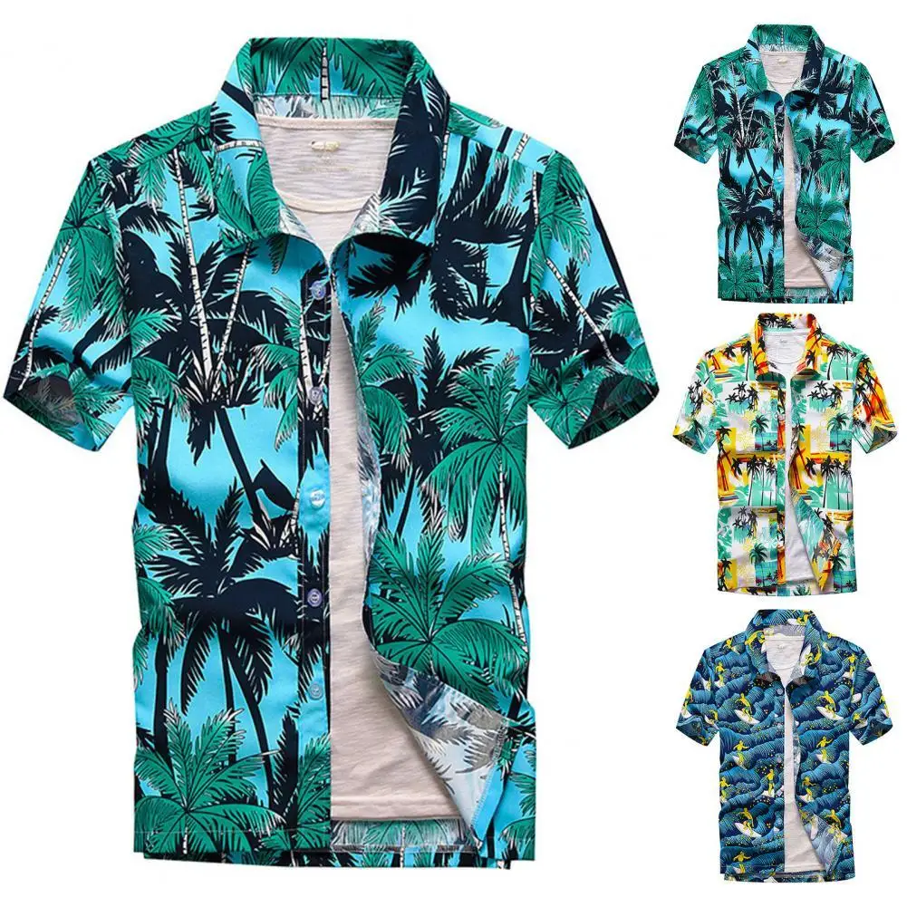 

Men Top Turn-down Collar Short Sleeve Men Shirt Buttons Beach Shirt Down Summer Coconut Tree Print Hawaiian Shirt for Party