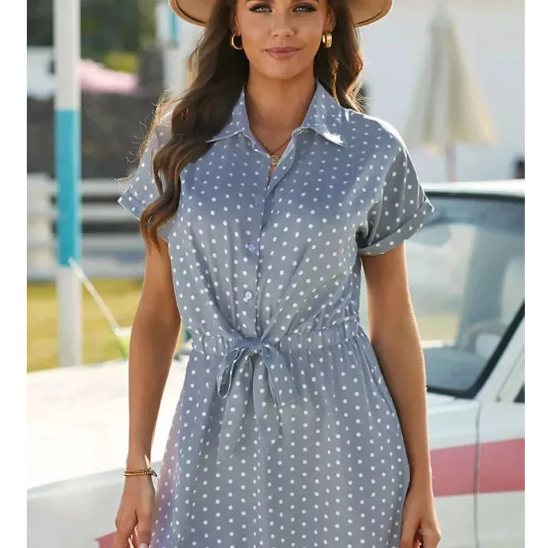 

Женское мини-платье с коротким рукавом и воротником-рубашкой, женские платья, лето 2022