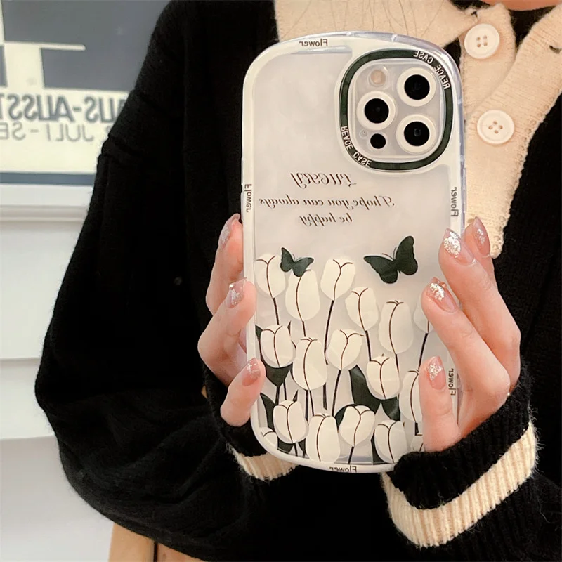 

Cartoon Cute White Tulip Flower Bush Butterfly Letter Retro Korean For iphone 11 12 13 Pro Max XR Xs Max Anti-fall Phone Case