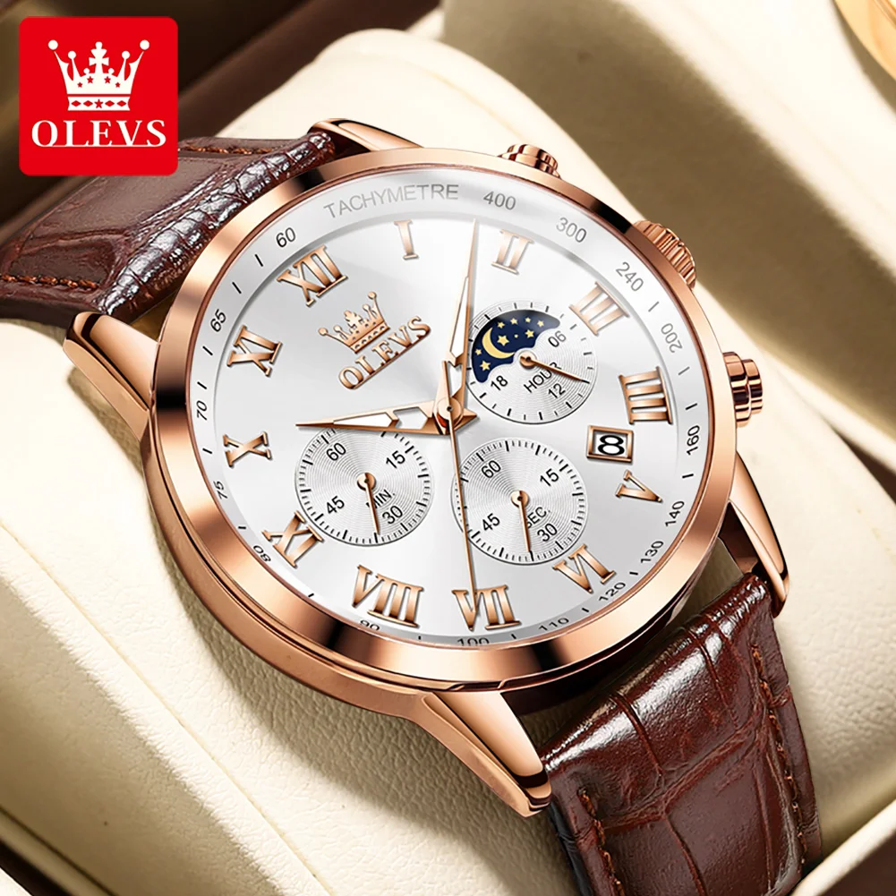 

OELVS Men's Chronograph Original Quartz Watches Leather Strap Rose Gold Case with Day Date Waterproof Stainless Steel Wristwatch