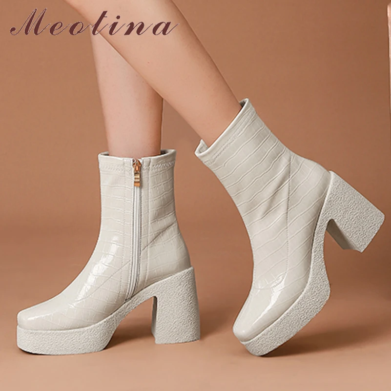 

Женские ботильоны из натуральной кожи Meotina, ботинки на платформе с квадратным носком, на Высоком толстом каблуке, на молнии, осенне-зимняя об...