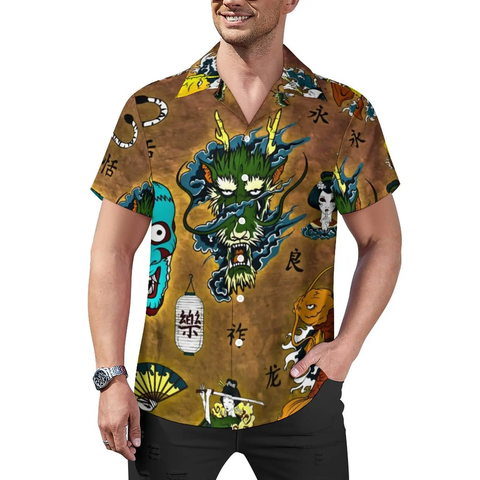 

Повседневная рубашка с мультяшным драконом, Пляжная Свободная рубашка с японским тематическим принтом, Гавайские крутые блузки, топы оверсайз с коротким рукавом и графическим принтом