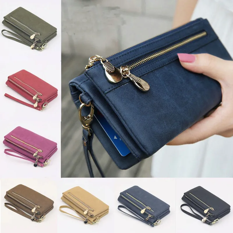 Wallets for Women Dull Polish Leather Wallet Double Zipper Day Clutch Purse Wristlet Portefeuille Handbags Carteras Para Mujer