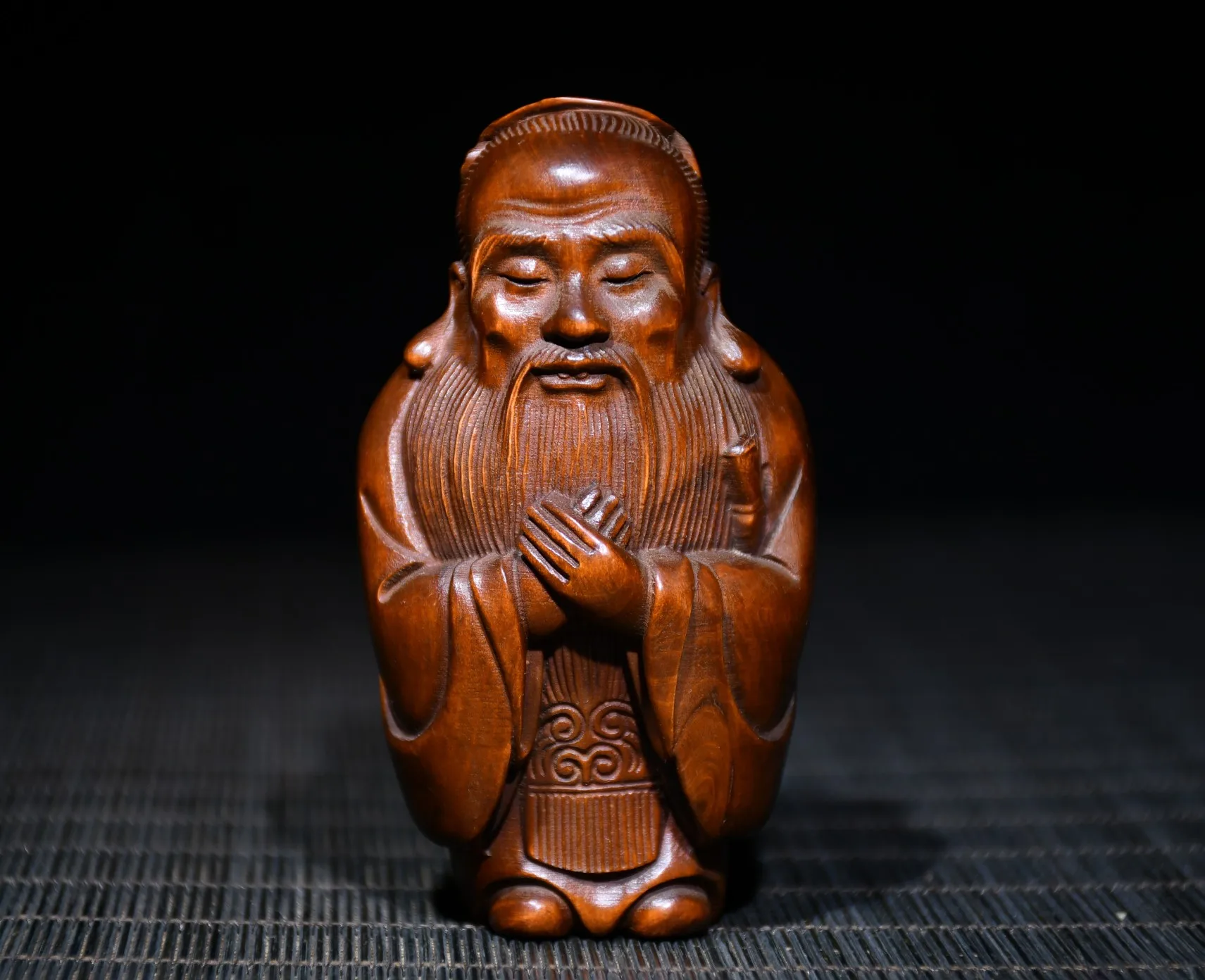 

3"Tibet Temple Collection Old Boxwood Confucius Laozi statue Confucianism Confucius Institute Office Ornaments Town Hous