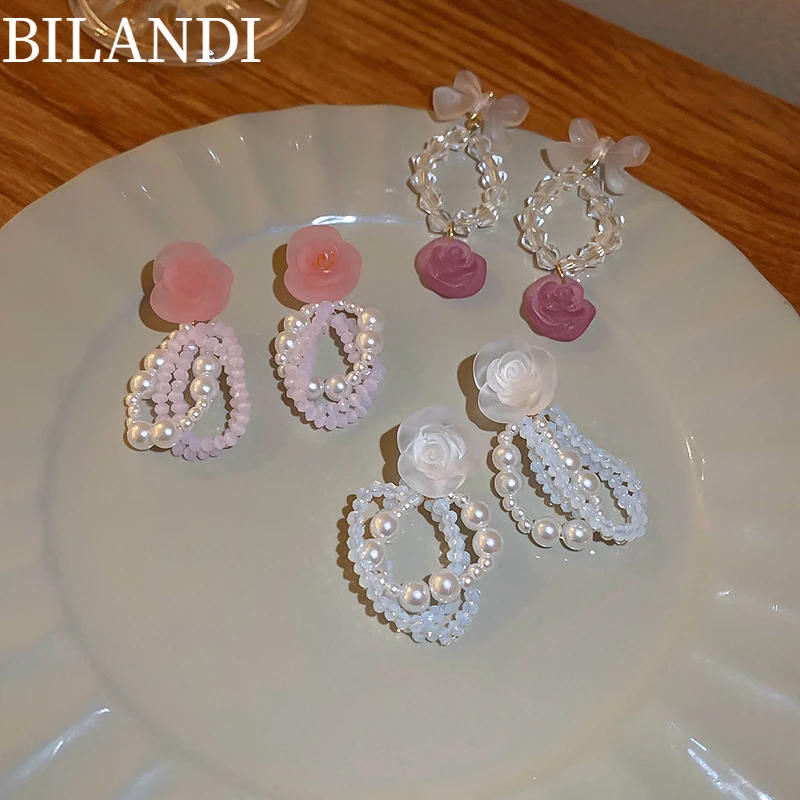 

Bilandi Modern Jewelry Bowknot Earrings 2022 New Trend Elegant Temperament Glass Beads Flower Earrings For Women Female Gifts