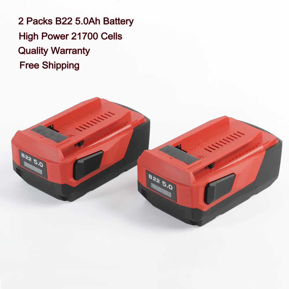 

Two Pack New B22 22V 5.0Ah High Power Li-Ion Battery for Hilti 18V 21.6V 22V Cordless Power Tool for Hilti 22V Battery Tool