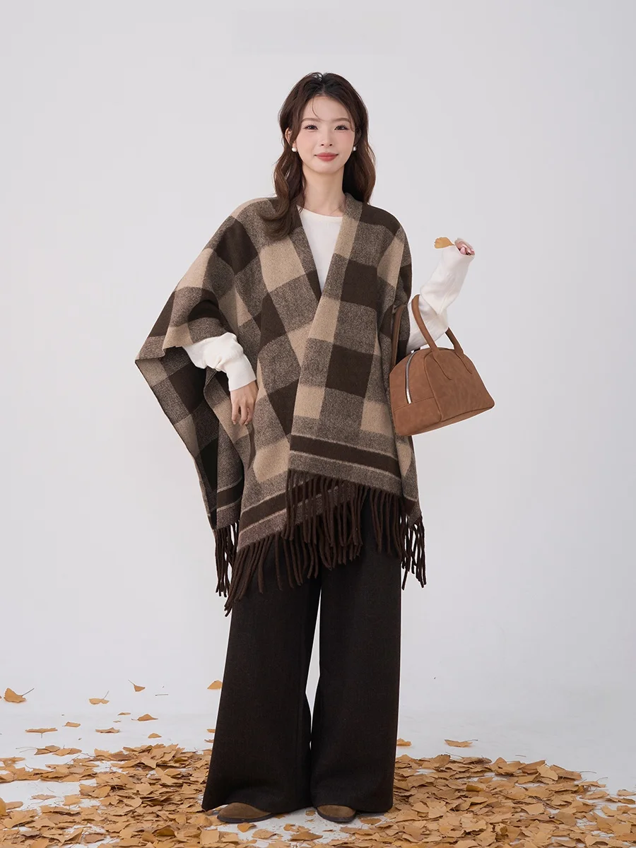 Hanada Showcase Htmeme Янтарный блеск ~ Универсальная шерстяная шаль в клетку с кисточками