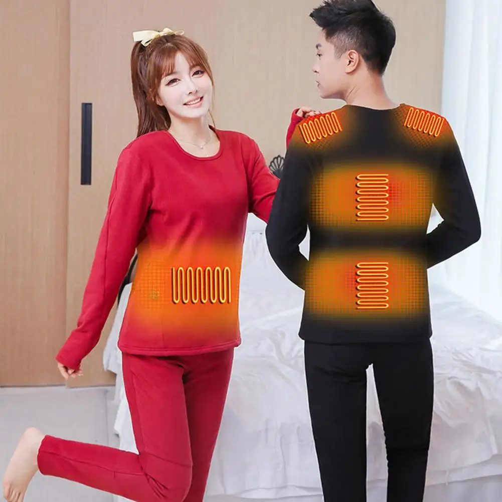 2Pcs/Set Practical Round Neck Heating Underwear Set Autumn Winter Thermal Top Pants USB Heating for Daily Wear