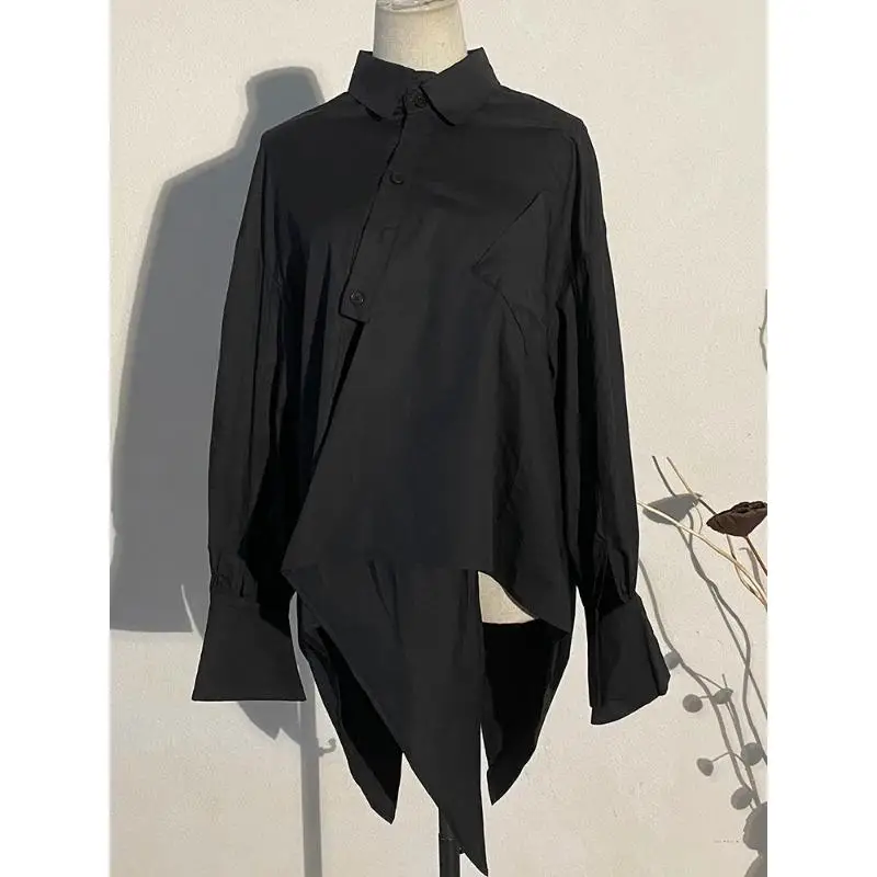 Женская Асимметричная блузка Dimanaf черная Свободная рубашка с отложным