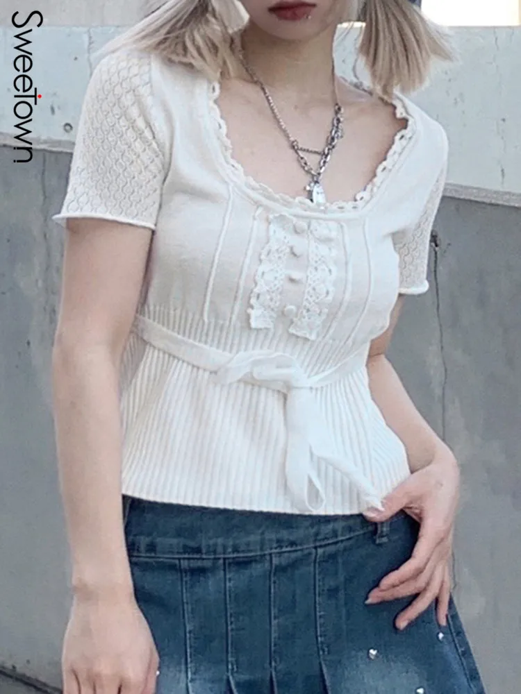 

Женская Кружевная футболка с коротким рукавом и квадратным вырезом