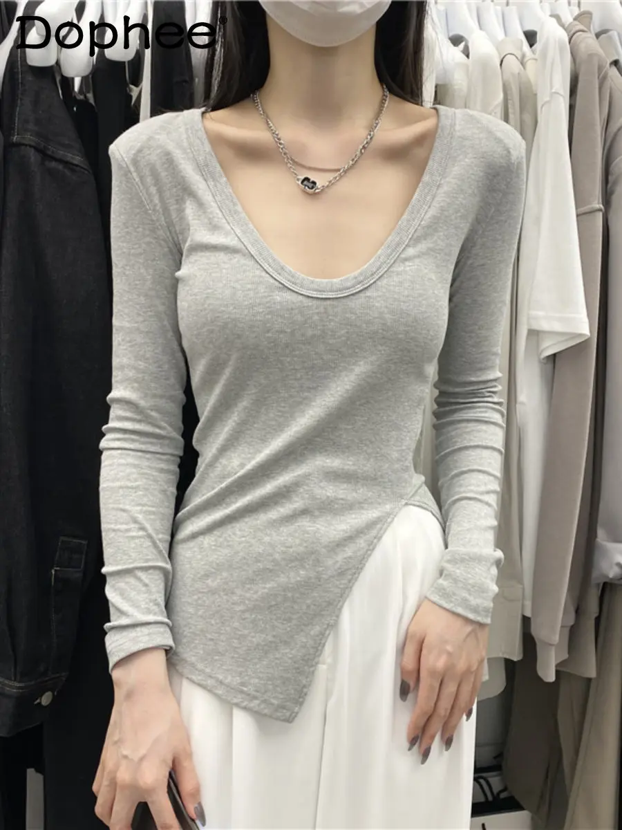 

Fashion Simple Irregular Slit Long-Sleeved T-shirt Women Solid Slim Fit Slimming Bottoming Shirt Top 2022 Autumn New Clothes