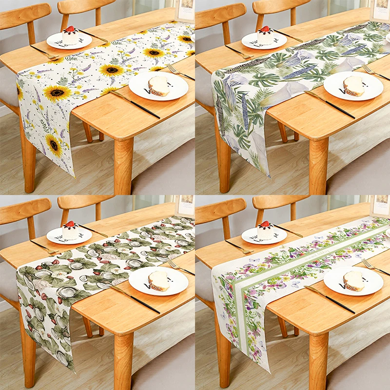 

Summer Lemon Flower Nature Green Plants Nature Linen Table Runner Cloth Cover Anti-Slip Stain For Dinner Celebrate Party Decor