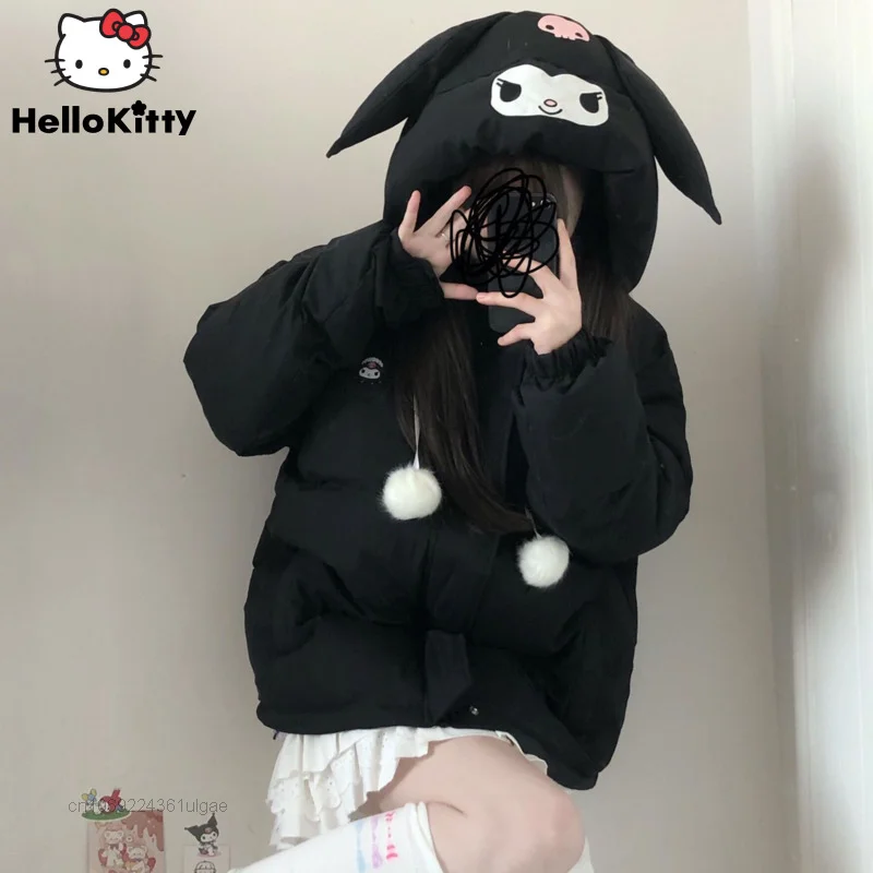 

Новинка, черное пальто Sanrio Kuromi в студенческом стиле, Y2k, Мягкая Милая одежда, женские пуховики с капюшоном, женские топы в стиле Харадзюку, то...