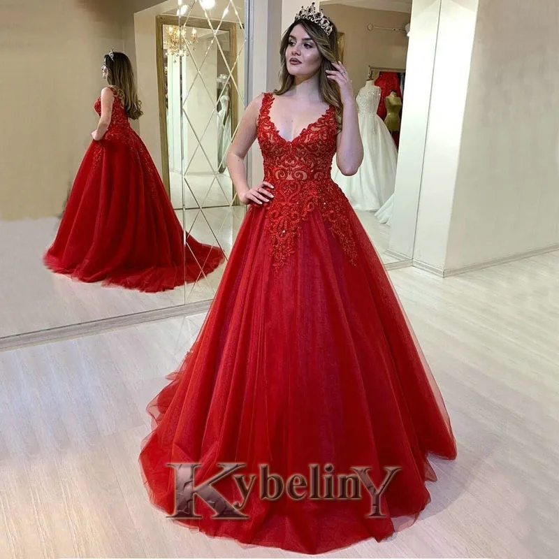 

Kybeliny Red Aline Evening Dresses Appliques Puffy V-Neck Prom Robe De Soiree Graduation Celebrity Vestidos Fiesta Women Formal