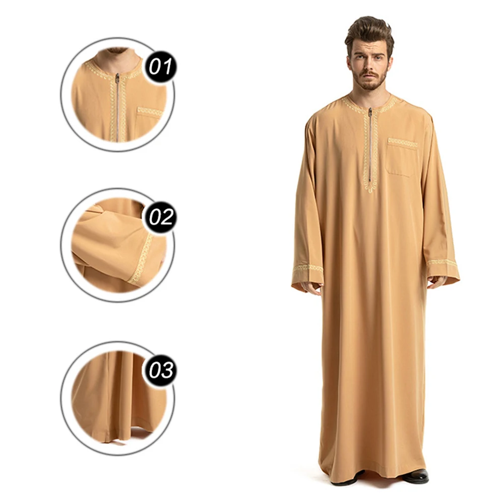 Muslim Men Long Sleeve Solid Color Breathable Robes 2022 Islamic Arabic Men Abaya S-4XL Muslim Ethnic Loose Embroidered Round