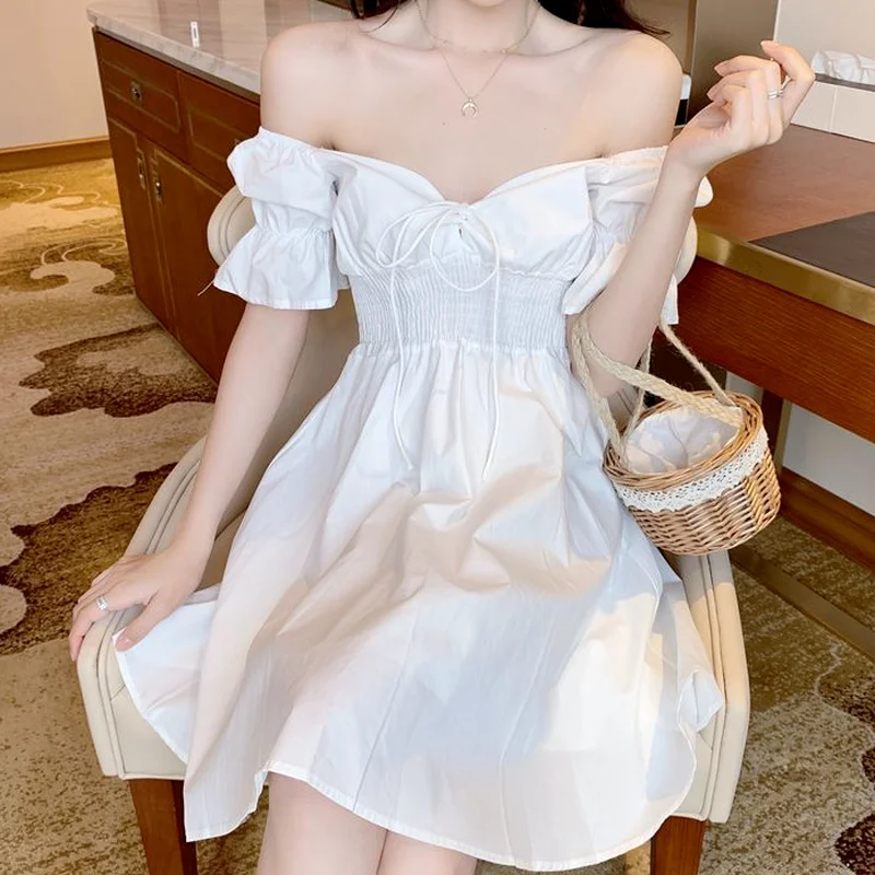 

QWEEK White Puff Sleeve Dress Woman Summer 2022 Korean Off Shoulder Ruched Casaul Mini Dress Vintage Party Draped Robe Sundress