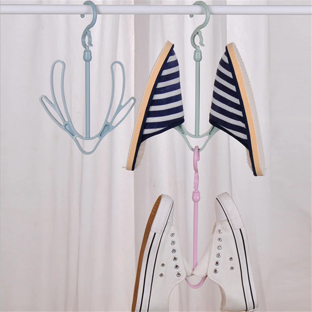 

1pc Multifunctional Shoes Hanger Double Hooks Windproof Rotatable Balcony Scarf Necktie Shoes Hanging For Home Storage Organizer