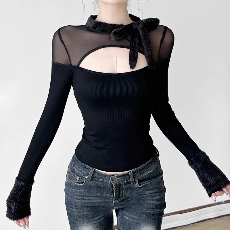 Готические темные элегантные модные сетчатые лоскутные вязаные тонкие топы Mall