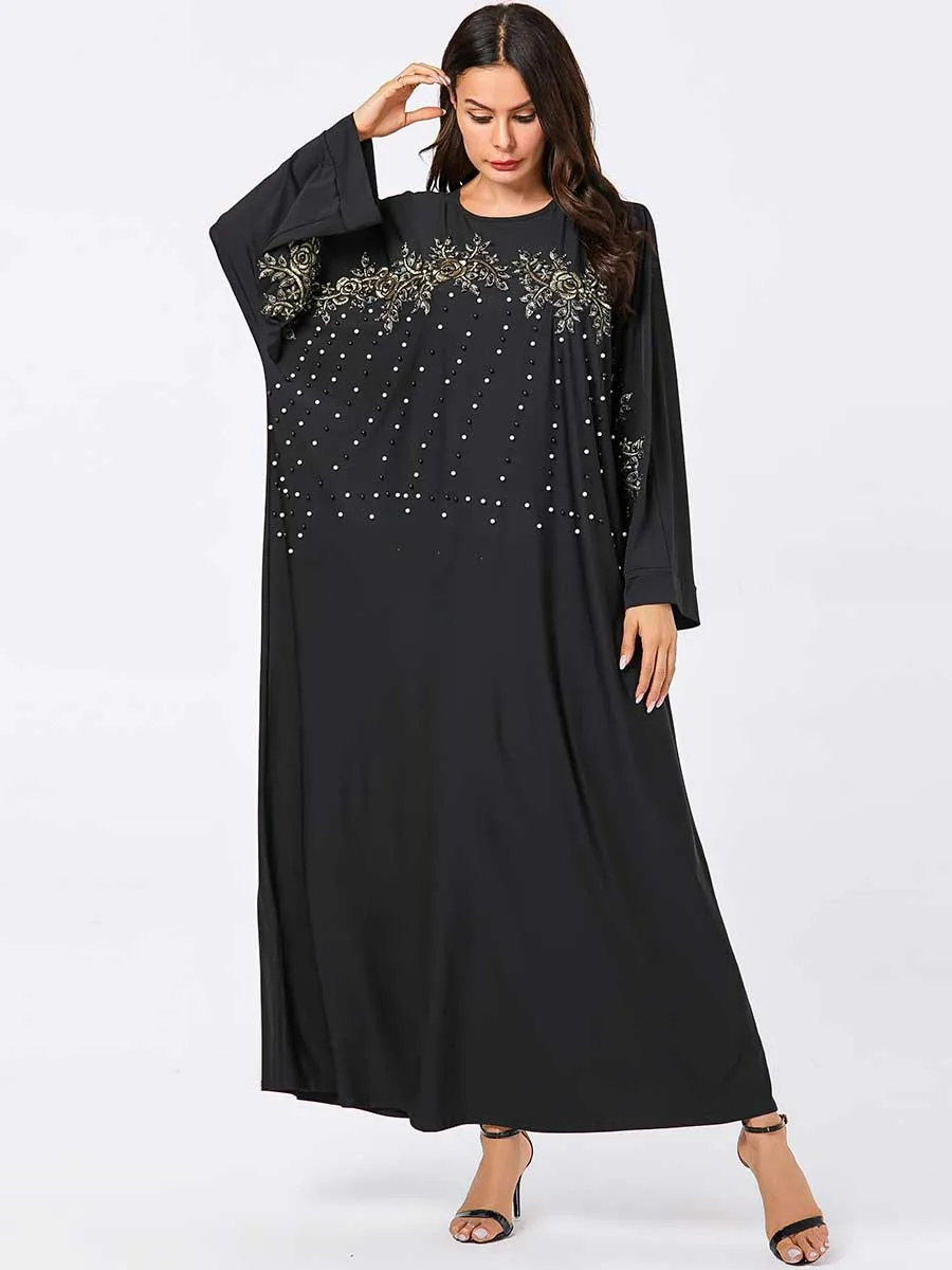 Женское платье с бусинами, длинное платье в мусульманском стиле, кафтан с индейкой и цветочным принтом, негабаритные платья,