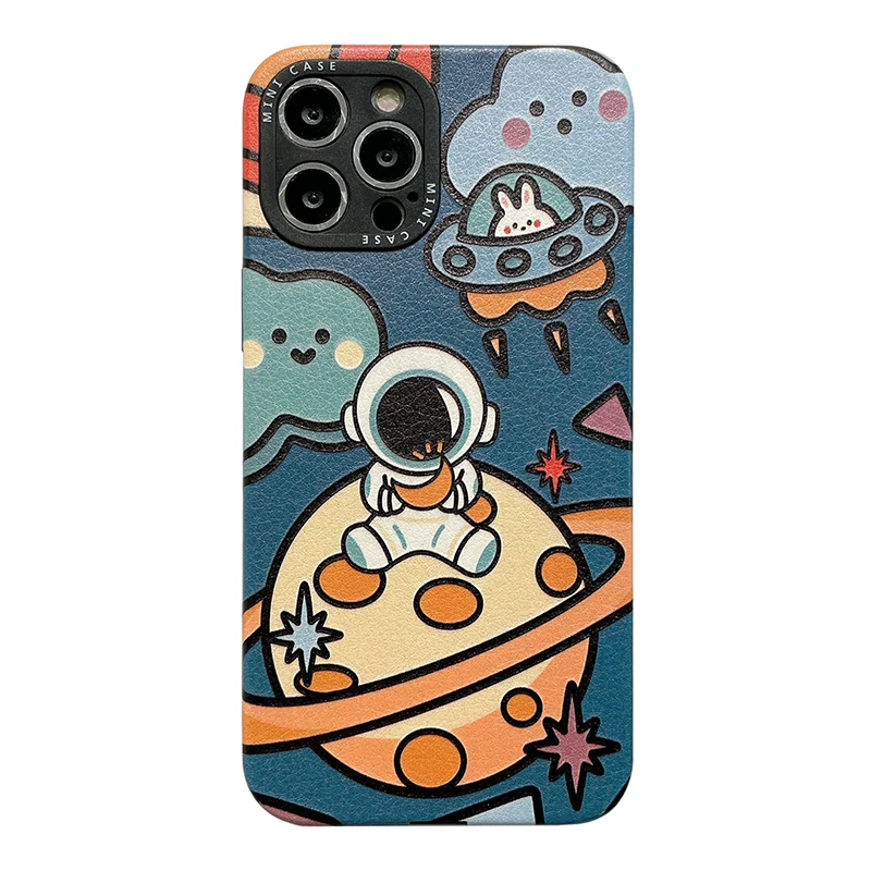 

Cartoon Planet Astronaut Leatherette Soft Phone Case For Iphone 13 12 14 11 Pro Max X Xr Xs Max 7 8 Plus Se Lens Full Wrap Cover