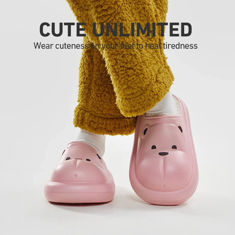 

Зимние тапочки UTUNE с медведем для женщин, теплая водонепроницаемая мужская домашняя обувь, милые животные, искусственные плюшевые шлепанцы ...