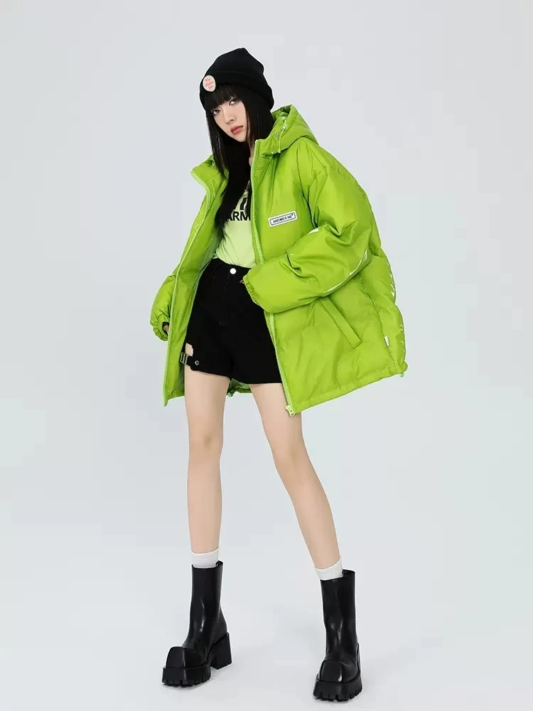 Fashion Loose Bright Color Warm Cotton Clothes Women's Harajuku Solid Color Hooded Thickened Parka Couple Streetwear Chaquetas