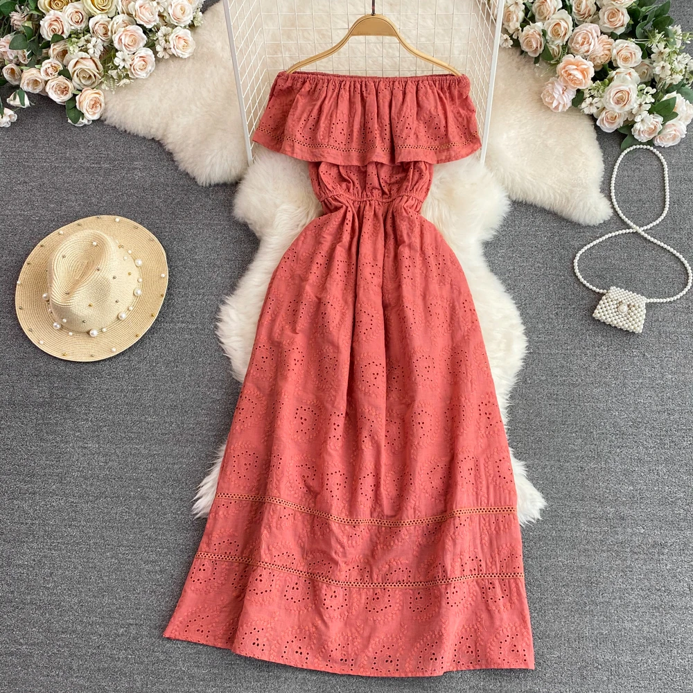 

Clothland Women Elegant Off Shoulder Dress Slash Neck Embroidery Off Shoulder Sashes A Line Retro Midi Dresses QB553