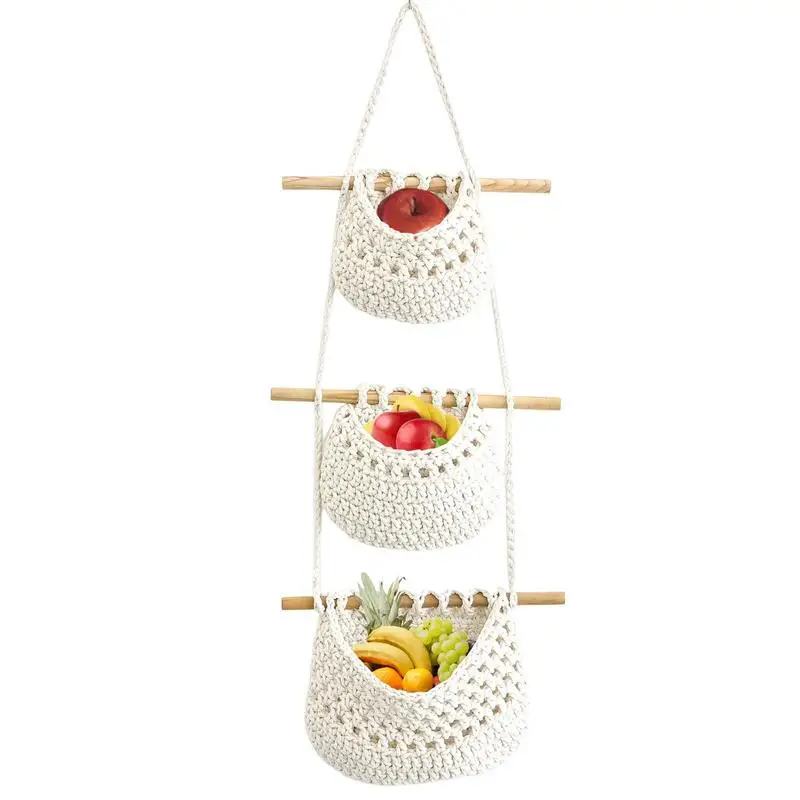 

1pc Wall Hanging Fruit Basket 3-Tier Storage Baskets Bohemian Macrame Cotton Rope Woven Organizer Vegetable Baskets