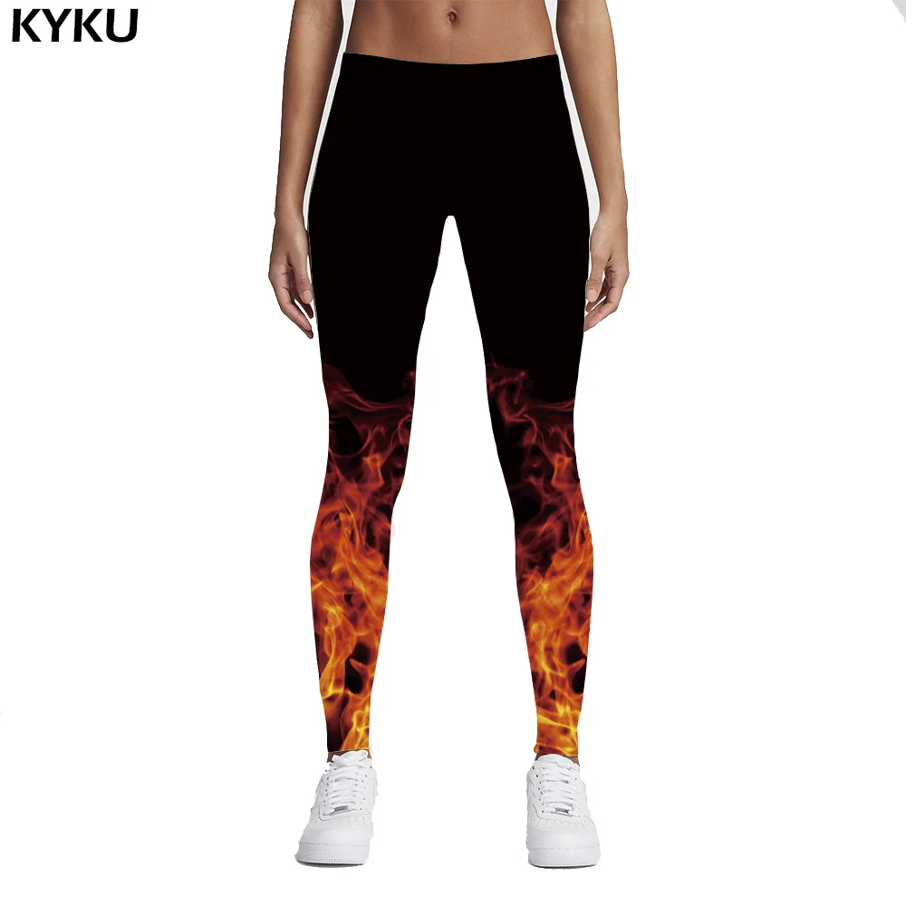 

KYKU Brand Russian 3D Style Fire Flame Printing Leggings Punk Women Legging Stretchy Trousers Casual Pants Womens Leggings Black
