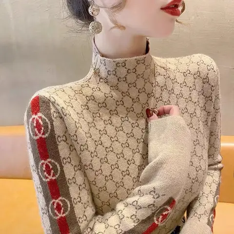 Женская одежда, элегантный модный вязаный пуловер с буквенным принтом, осенний универсальный тонкий пуловер с длинными рукавами и полувысоким воротником, женский шикарный топ