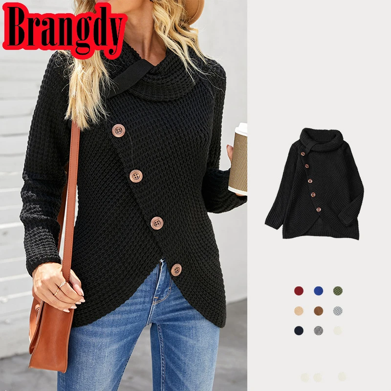 

Autumn and Winter Long Sleeve Hem Asymmetric Sweater Pullover Turtleneck Pineapple Flower for Women