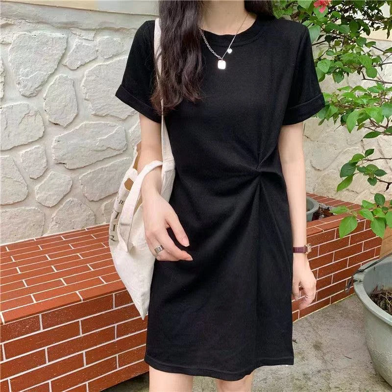 

2022 Summer New Short-sleeved Hip Skirt Women Sexy Light Luxury Solid Color Top Long Dress Boutique Clothing Simple Style