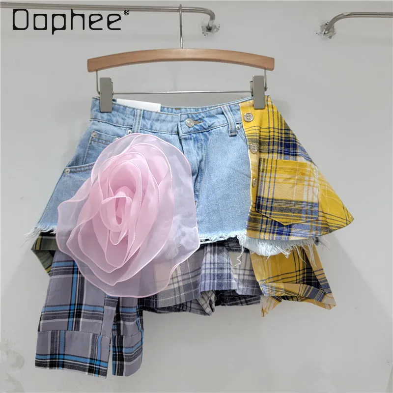 Летняя сине-желтая клетчатая короткая джинсовая юбка для женщин 2024 новая 3D