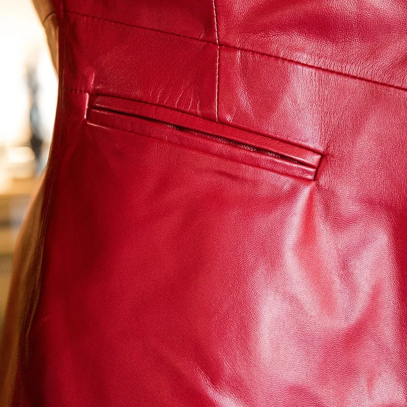 Женский пиджак из натуральной овечьей шкуры красный офисный 100% кожи короткая