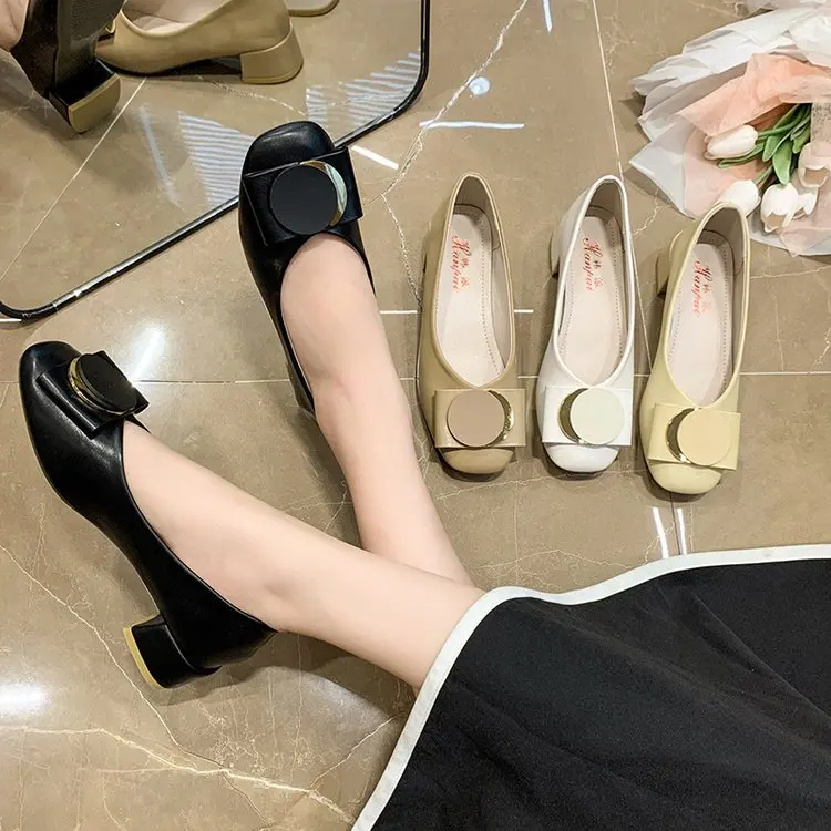 

Женские офисные туфли, классические туфли на среднем квадратном каблуке, квадратный носок, однотонные повседневные туфли на плоской подошв...