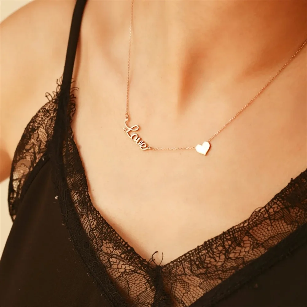 

Custom Name Necklace Women Personalize Handwritten Nameplate with Heart Pendant Stainless Steel Chokers Customize Couple Jewelry